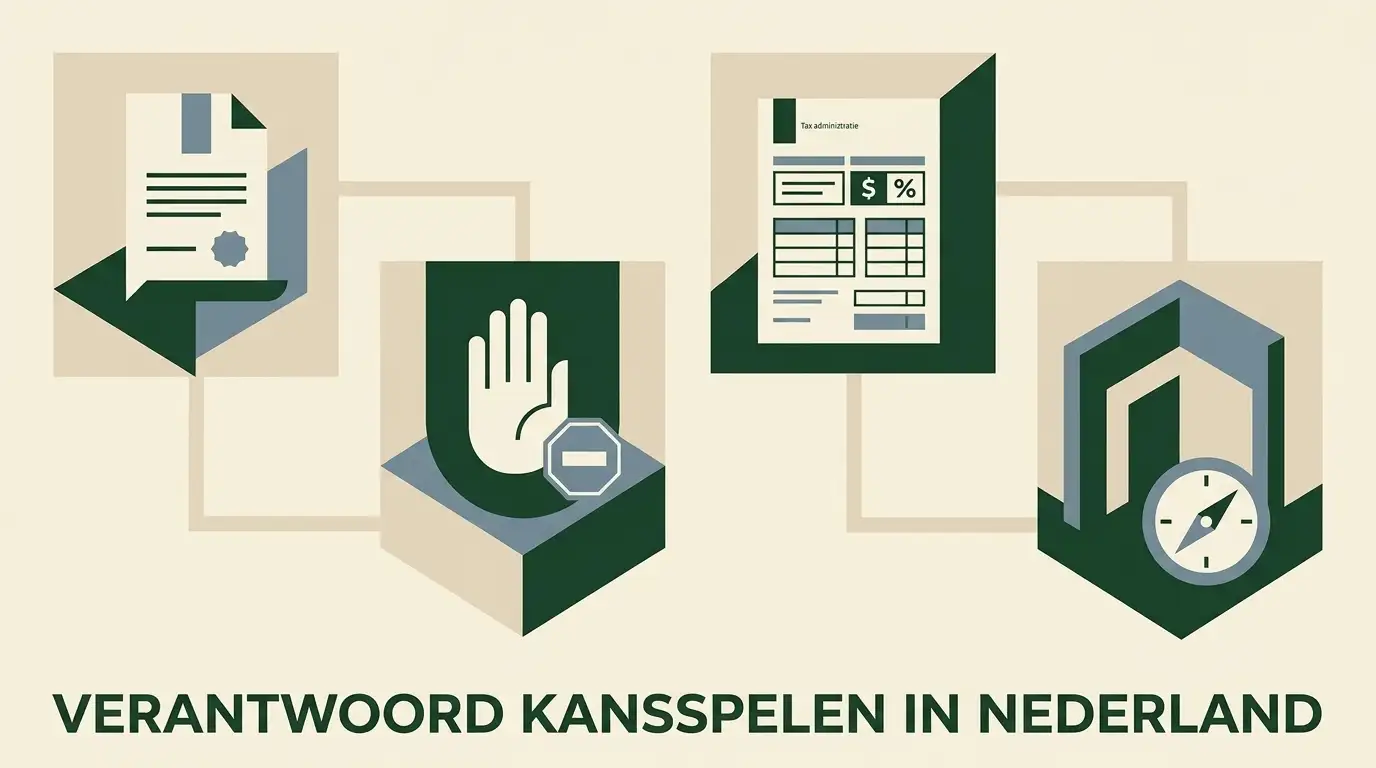 Abstracte Nederlandse besliscontext met vergunning, Cruks, belasting en verantwoord spelen
