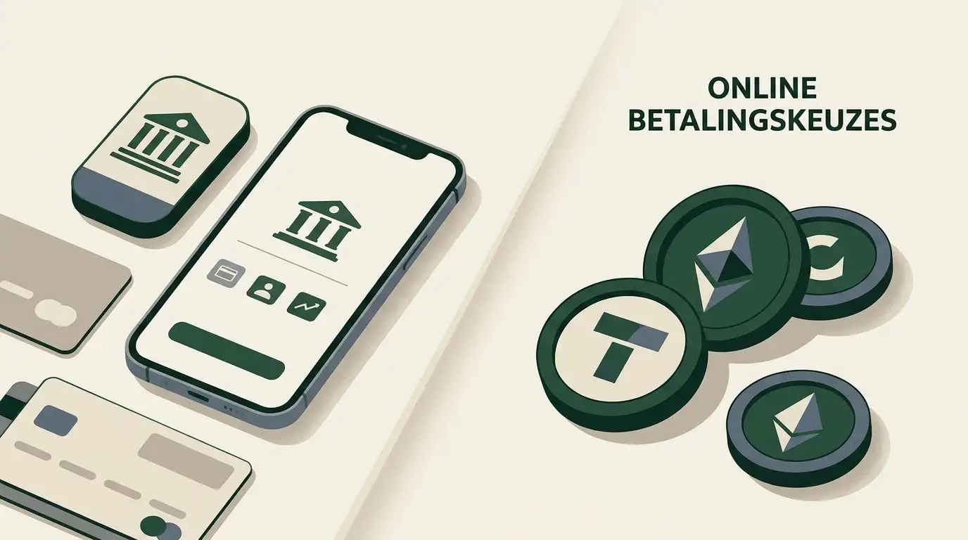 Neutrale illustratie van Nederlandse online betaalcontext met bankbetaling, kaart en crypto