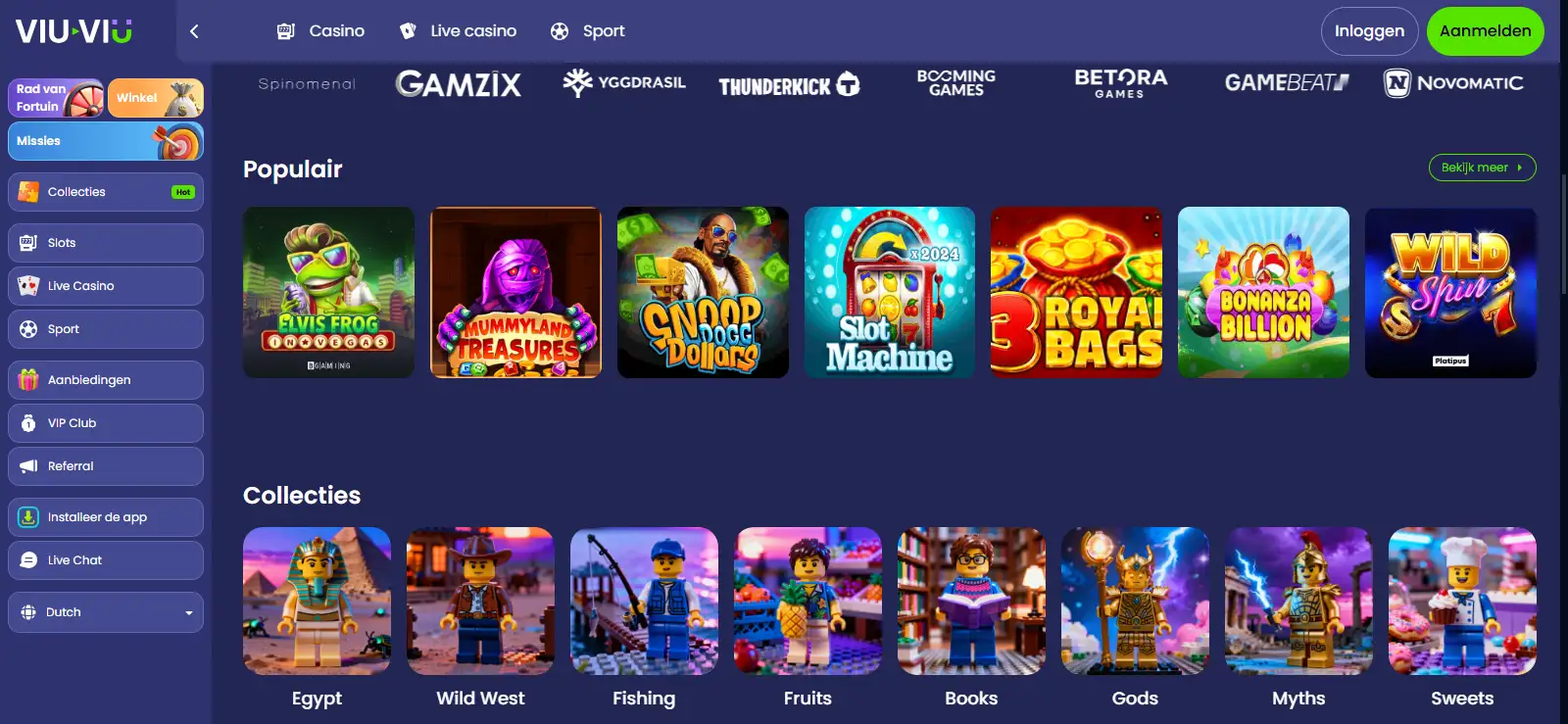 Werkelijke Viu-Viu homepage en casino-interface