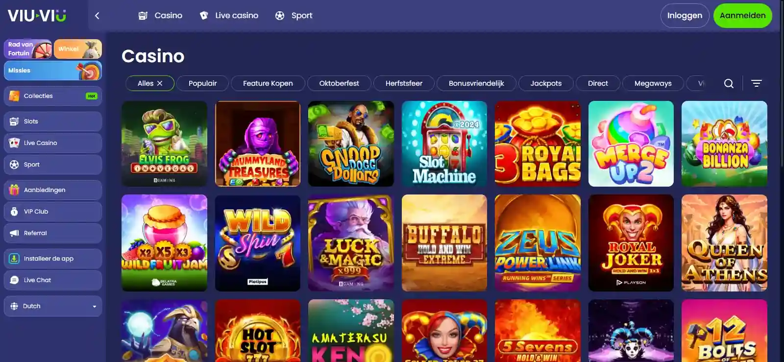 Werkelijke Viu-Viu-spellobby met zichtbare spelcategorieën