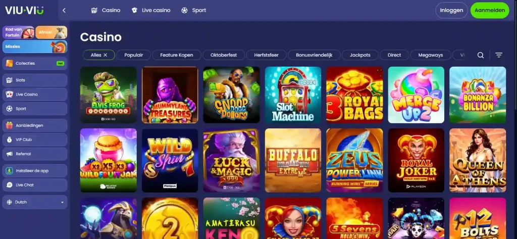 Actuele Viu Viu game-lobby met zichtbare spelcategorieën