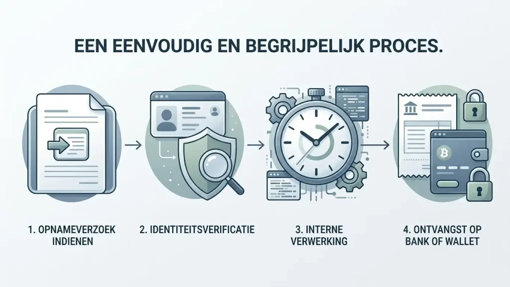 Illustratie van een uitbetalingsproces met aanvraag, identiteitscontrole, verwerking en bankontvangst zonder tijdgarantie