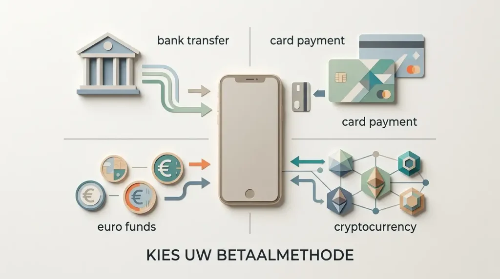 Illustratie van Nederlandse online betalingen met bank, kaart, euro en crypto zonder merklogo